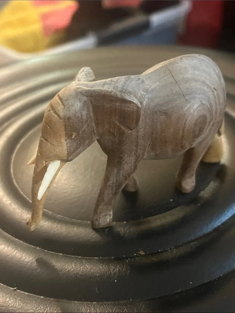Hand-Carved Wooden Elephant Figurine in Two-Tone Brown With Tusks 416
